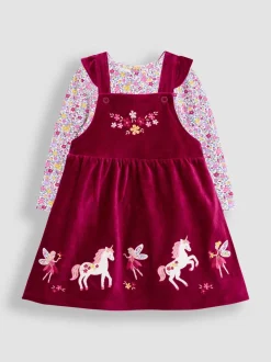 JoJo Maman Bébé Purple Berry Unicorn Appliqué Pinafore Dress & Top Set