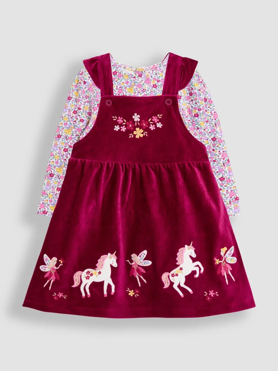 JoJo Maman Bébé Purple Berry Unicorn Appliqué Pinafore Dress & Top Set