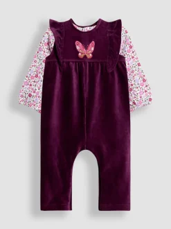 JoJo Maman Bébé Purple Butterfly Appliqué Velour Dungarees & Top Set