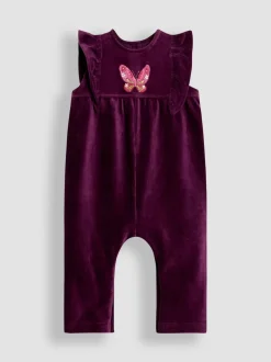 JoJo Maman Bébé Purple Butterfly Appliqué Velour Dungarees & Top Set