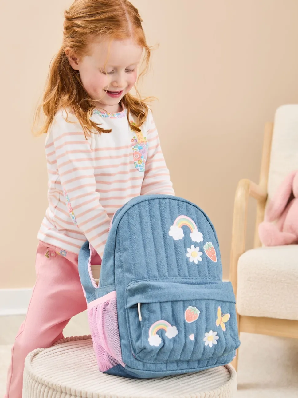 JoJo Maman Bébé Quilted Denim Embroidered Medium Backpack
