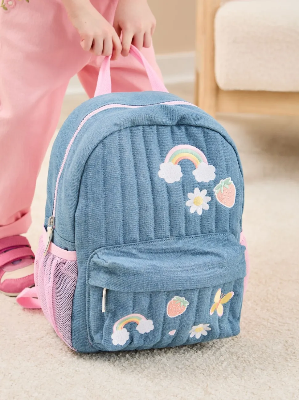 JoJo Maman Bébé Quilted Denim Embroidered Medium Backpack