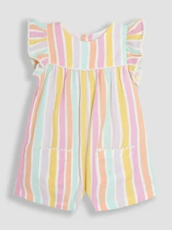JoJo Maman Bébé Rainbow Stripe Frill Sleeve Playsuit