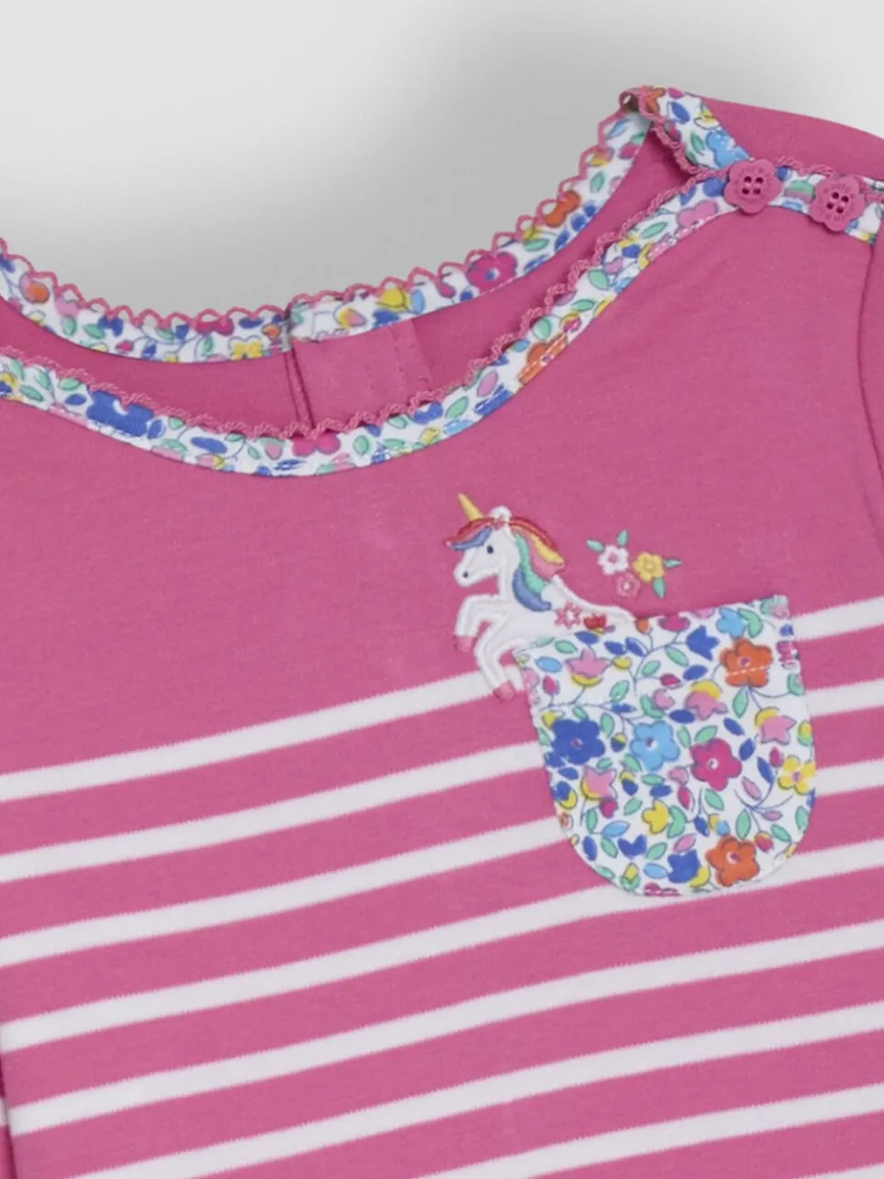 JoJo Maman Bébé Raspberry Pink Unicorn Appliqué Pocket Breton Top