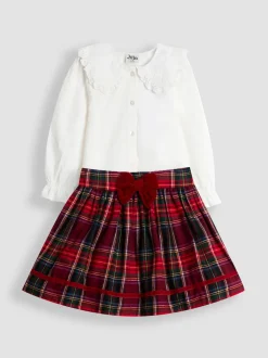 JoJo Maman Bébé Red Blouse & Tartan Skirt Set