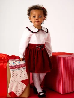 JoJo Maman Bébé Red Frill Collar Blouse & Velvet Skirt Set