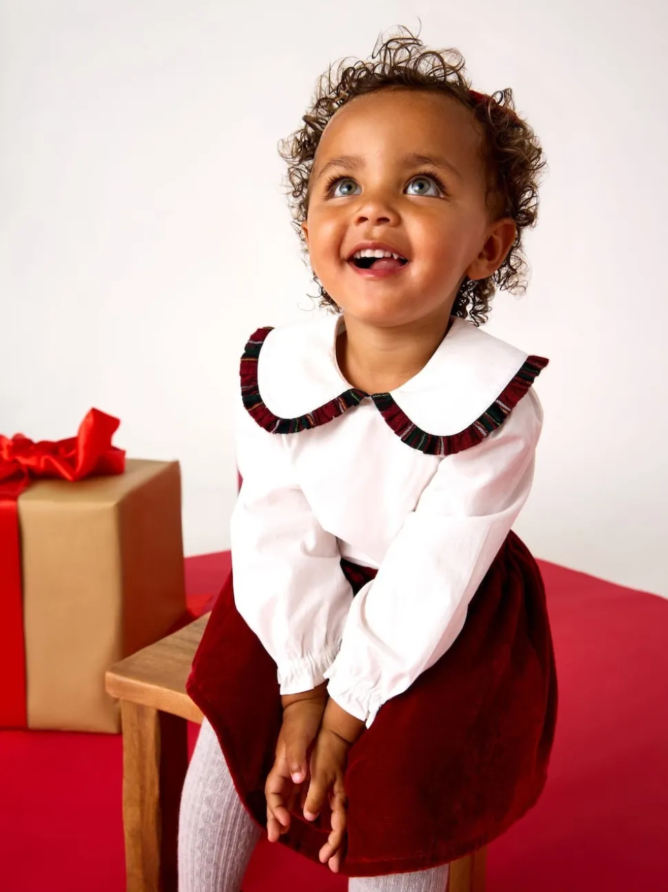 JoJo Maman Bébé Red Frill Collar Blouse & Velvet Skirt Set