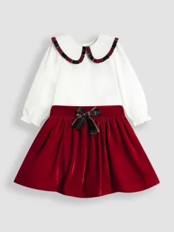 JoJo Maman Bébé Red Frill Collar Blouse & Velvet Skirt Set
