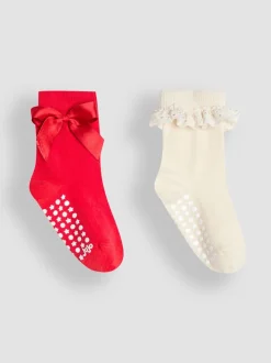 JoJo Maman Bébé Red 2-Pack Frill And Bow Socks
