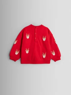 JoJo Maman Bébé Red Reindeer Appliqué Sweatshirt