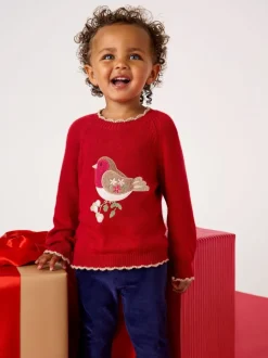 JoJo Maman Bébé Red Robin Christmas Crew Neck Appliqué Jumper
