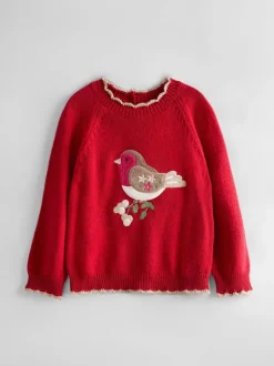 JoJo Maman Bébé Red Robin Christmas Crew Neck Appliqué Jumper