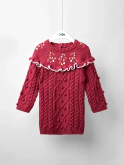 JoJo Maman Bébé Red Strawberry Embroidered Cable Frill Knitted Dress