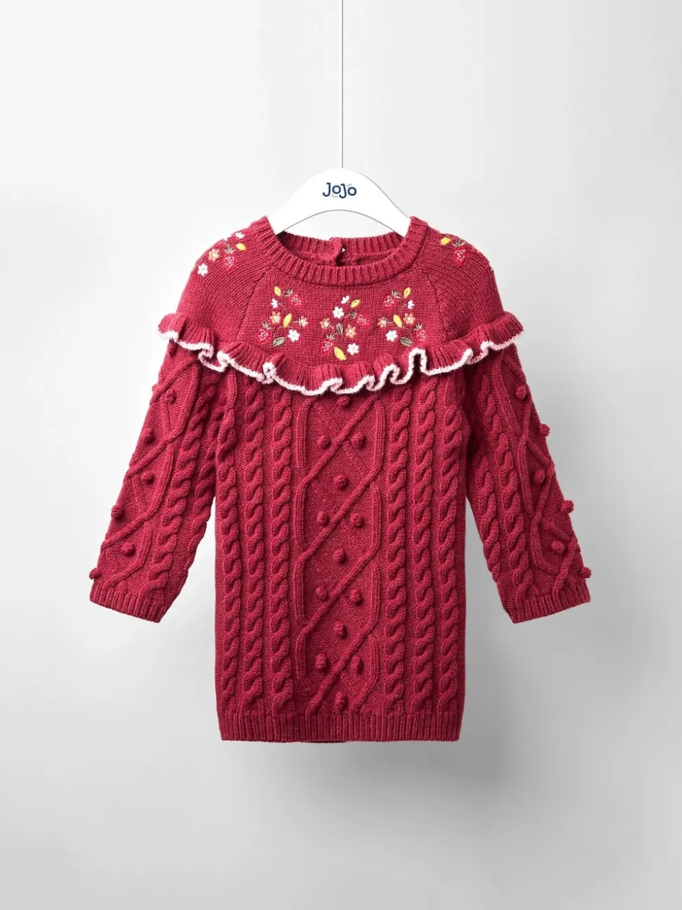 JoJo Maman Bébé Red Strawberry Embroidered Cable Frill Knitted Dress