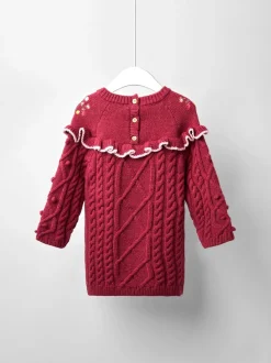 JoJo Maman Bébé Red Strawberry Embroidered Cable Frill Knitted Dress