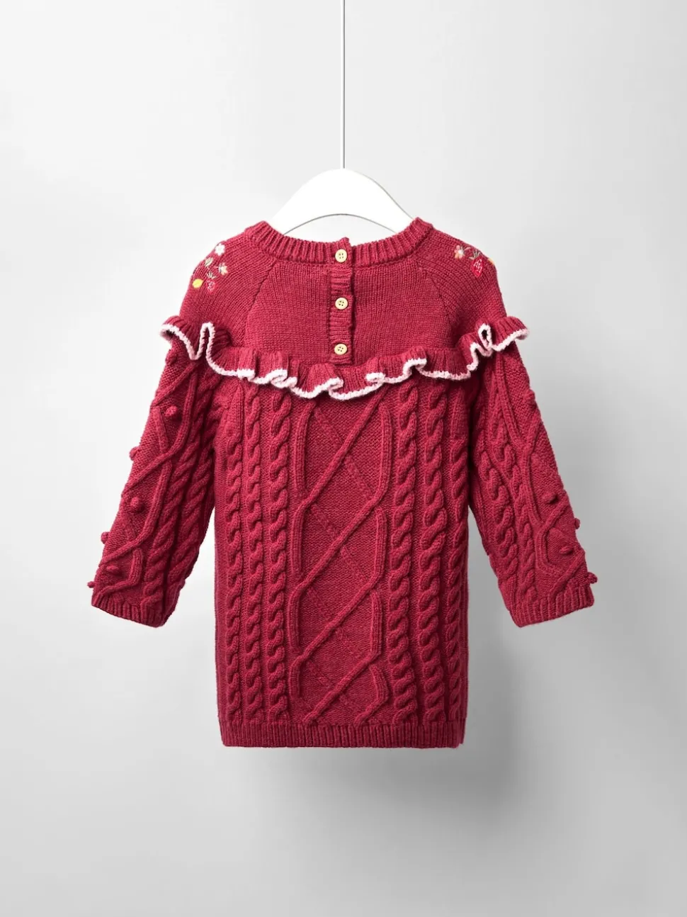 JoJo Maman Bébé Red Strawberry Embroidered Cable Frill Knitted Dress