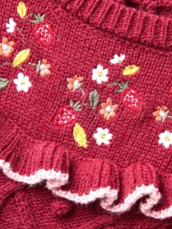 JoJo Maman Bébé Red Strawberry Embroidered Cable Frill Knitted Dress