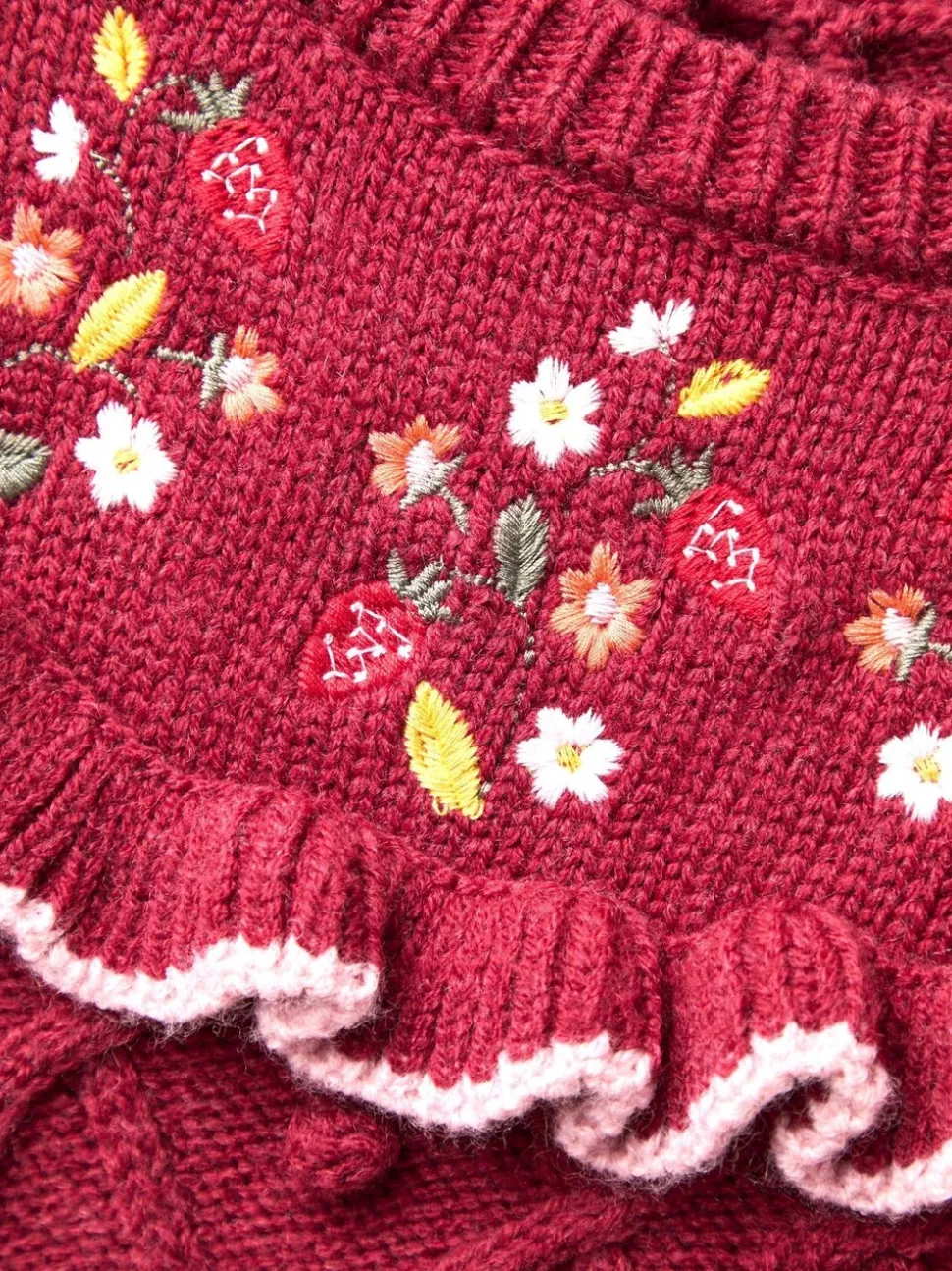 JoJo Maman Bébé Red Strawberry Embroidered Cable Frill Knitted Dress