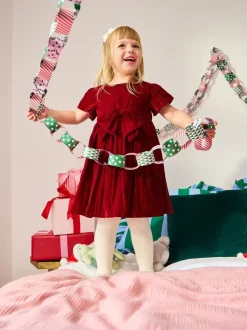 JoJo Maman Bébé Red Velvet Puff Sleeve Party Dress with Bow