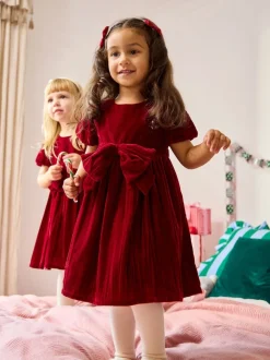 JoJo Maman Bébé Red Velvet Puff Sleeve Party Dress with Bow