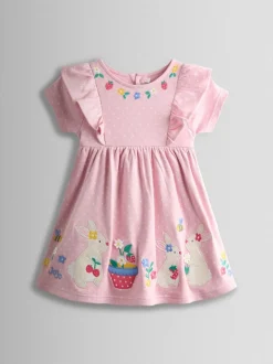 JoJo Maman Bébé Rose Pink Bunny Appliqué Ruffle Shoulder Dress