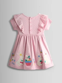 JoJo Maman Bébé Rose Pink Bunny Appliqué Ruffle Shoulder Dress