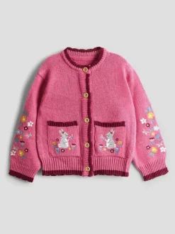 JoJo Maman Bébé Rose Pink Bunny Scallop Edge Embroidered Pocket Cardigan