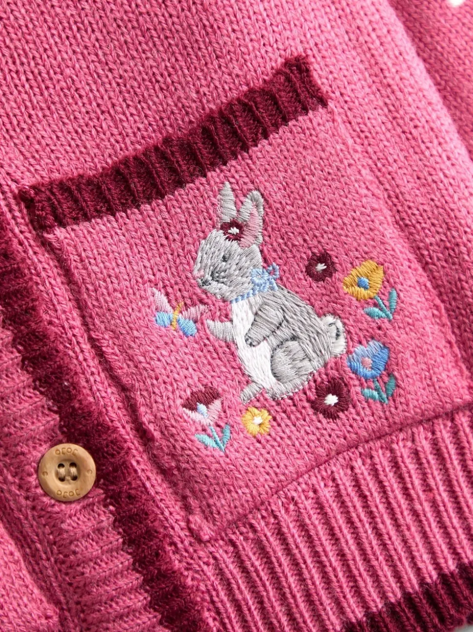 JoJo Maman Bébé Rose Pink Bunny Scallop Edge Embroidered Pocket Cardigan