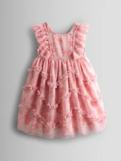 JoJo Maman Bébé Rose Pink Printed Tulle Ruffle Party Dress