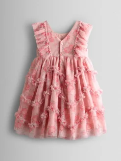JoJo Maman Bébé Rose Pink Printed Tulle Ruffle Party Dress