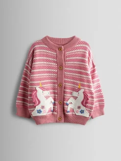 JoJo Maman Bébé Rose Pink Unicorn Bubble Knit Appliqué Cardigan
