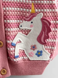 JoJo Maman Bébé Rose Pink Unicorn Bubble Knit Appliqué Cardigan