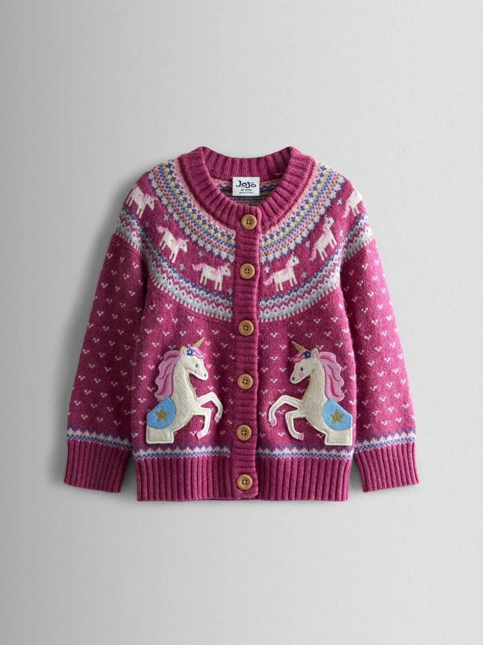 JoJo Maman Bébé Rose Pink Unicorn Fair Isle Appliqué Pocket Cardigan