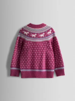 JoJo Maman Bébé Rose Pink Unicorn Fair Isle Appliqué Pocket Cardigan