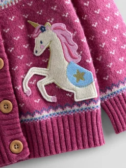 JoJo Maman Bébé Rose Pink Unicorn Fair Isle Appliqué Pocket Cardigan