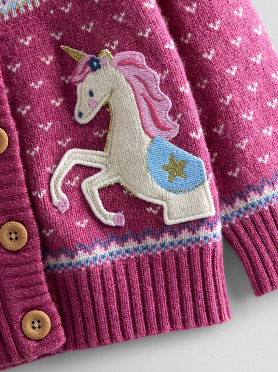 JoJo Maman Bébé Rose Pink Unicorn Fair Isle Appliqué Pocket Cardigan