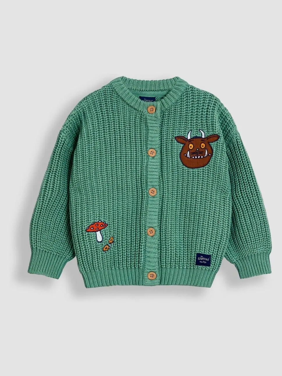 JoJo Maman Bébé Sage Green The Gruffalo Appliqué Chunky Knit Cardigan