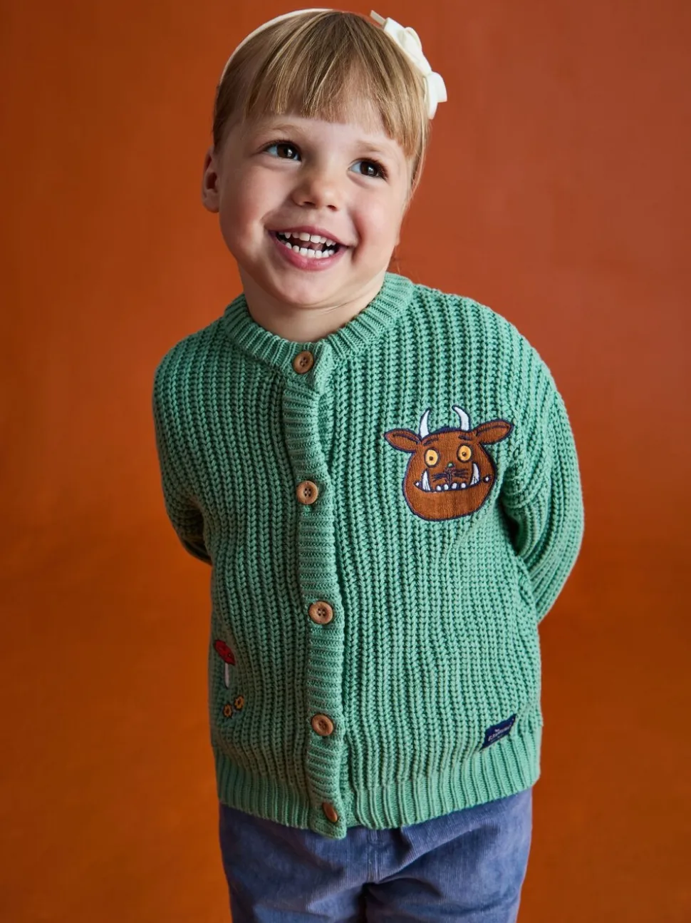 JoJo Maman Bébé Sage Green The Gruffalo Appliqué Chunky Knit Cardigan