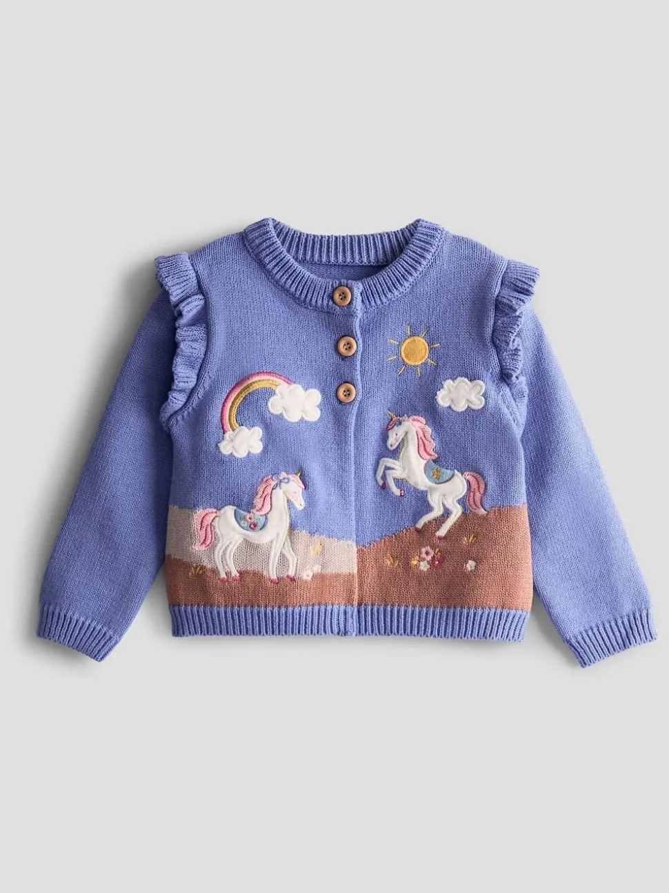 JoJo Maman Bébé Sky Blue Unicorn Frill Shoulder Appliqué Cardigan