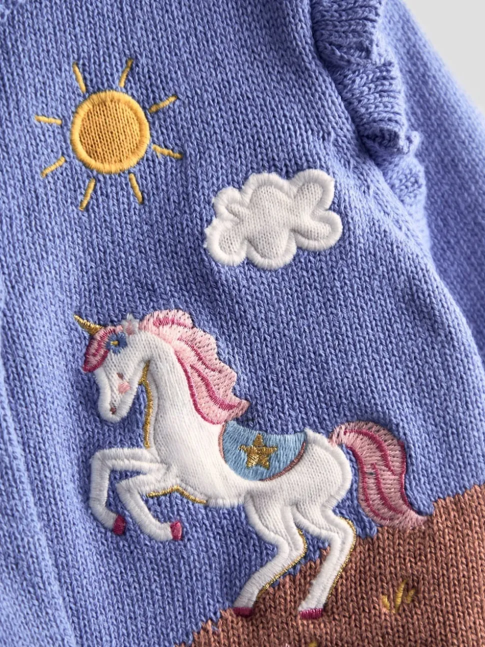 JoJo Maman Bébé Sky Blue Unicorn Frill Shoulder Appliqué Cardigan