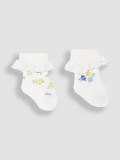 JoJo Maman Bébé White Floral 2-Pack Frilly Socks