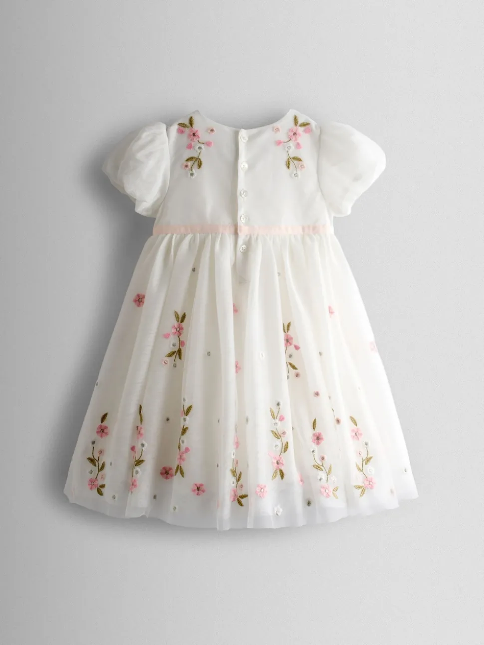 JoJo Maman Bébé White Floral Wildflower Embroidered Puff Sleeve Tulle Party Dress