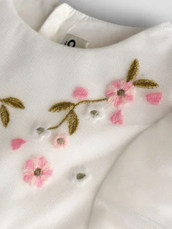 JoJo Maman Bébé White Floral Wildflower Embroidered Puff Sleeve Tulle Party Dress
