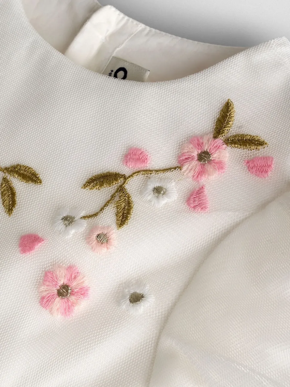 JoJo Maman Bébé White Floral Wildflower Embroidered Puff Sleeve Tulle Party Dress