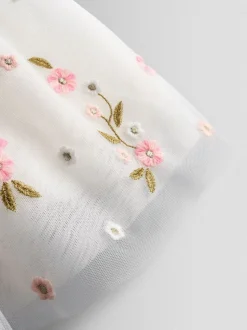 JoJo Maman Bébé White Floral Wildflower Embroidered Puff Sleeve Tulle Party Dress