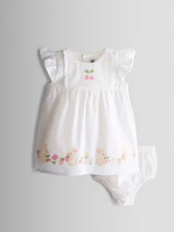 JoJo Maman Bébé White Mouse Appliqué Frill Shoulder Baby Dress