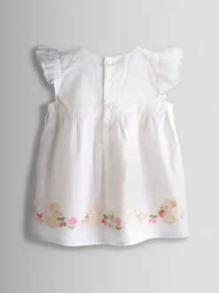 JoJo Maman Bébé White Mouse Appliqué Frill Shoulder Baby Dress