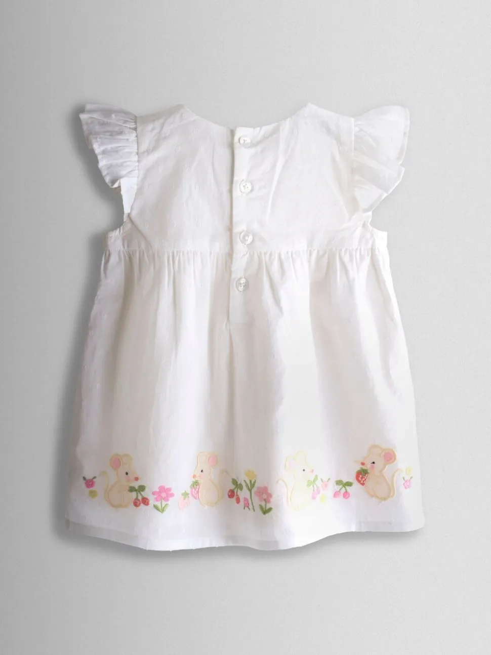JoJo Maman Bébé White Mouse Appliqué Frill Shoulder Baby Dress