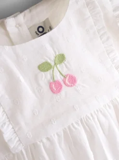 JoJo Maman Bébé White Mouse Appliqué Frill Shoulder Baby Dress