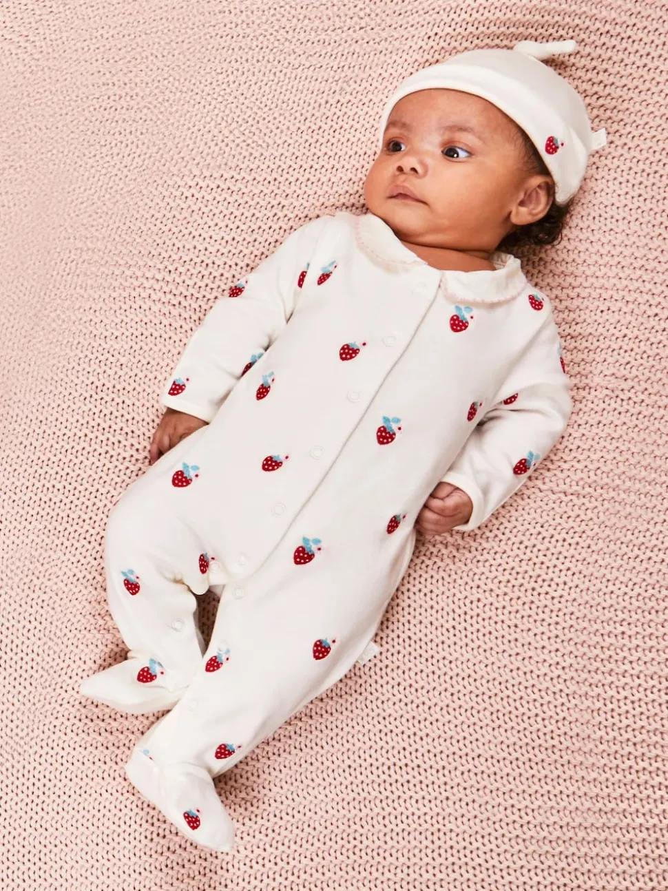 JoJo Maman Bébé White Strawberry Embroidered Cotton Baby Hat